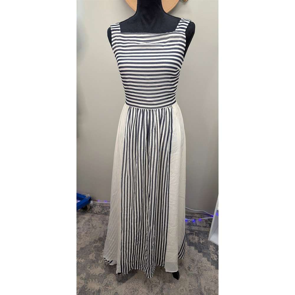 Unsubscribed Striped Georgette Maxi Dress Natural Navy Blue White 3676 US 2 NEW